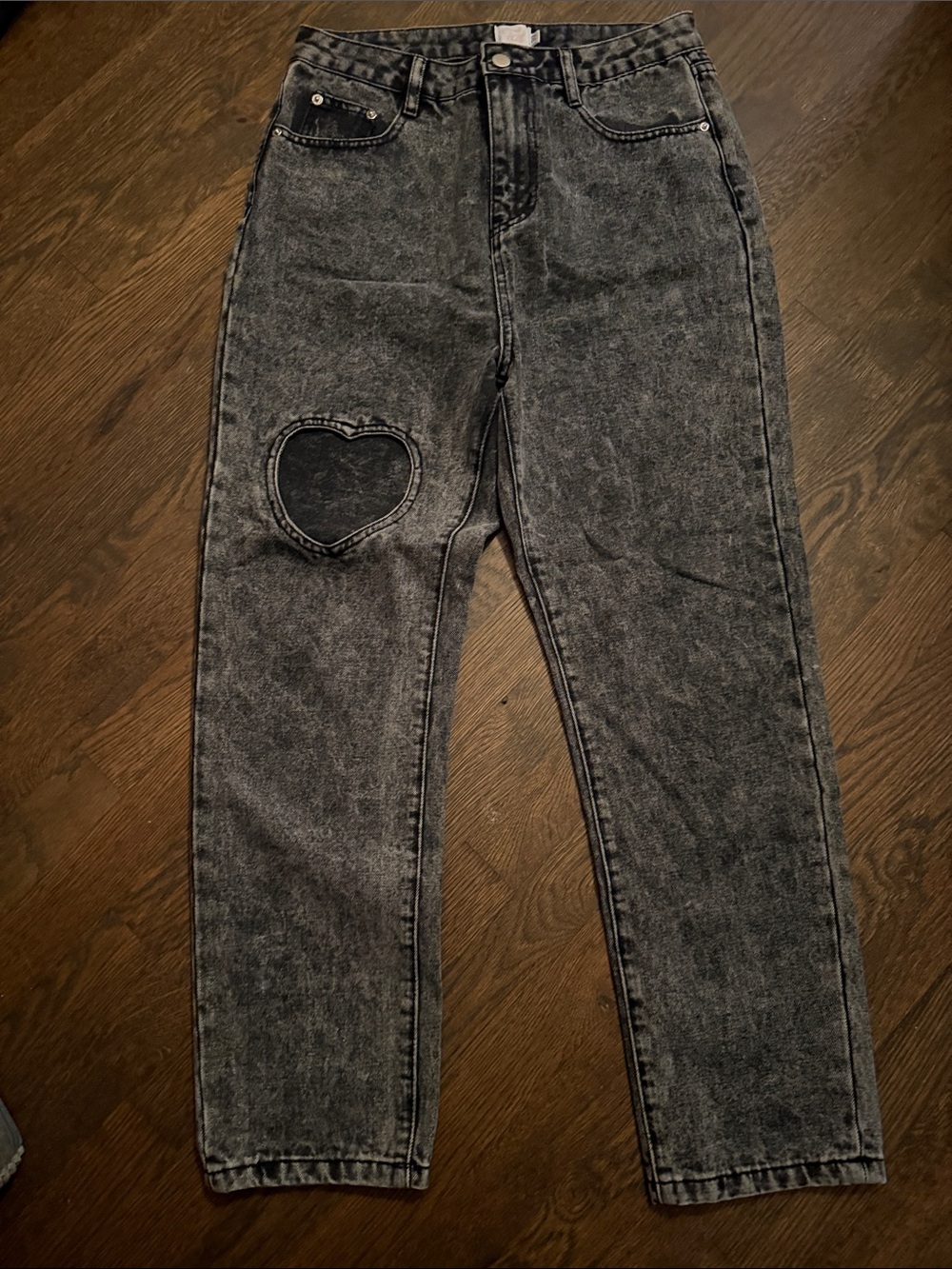 High-Rise Black Acid-Wash Jeans with Heart Cut Out